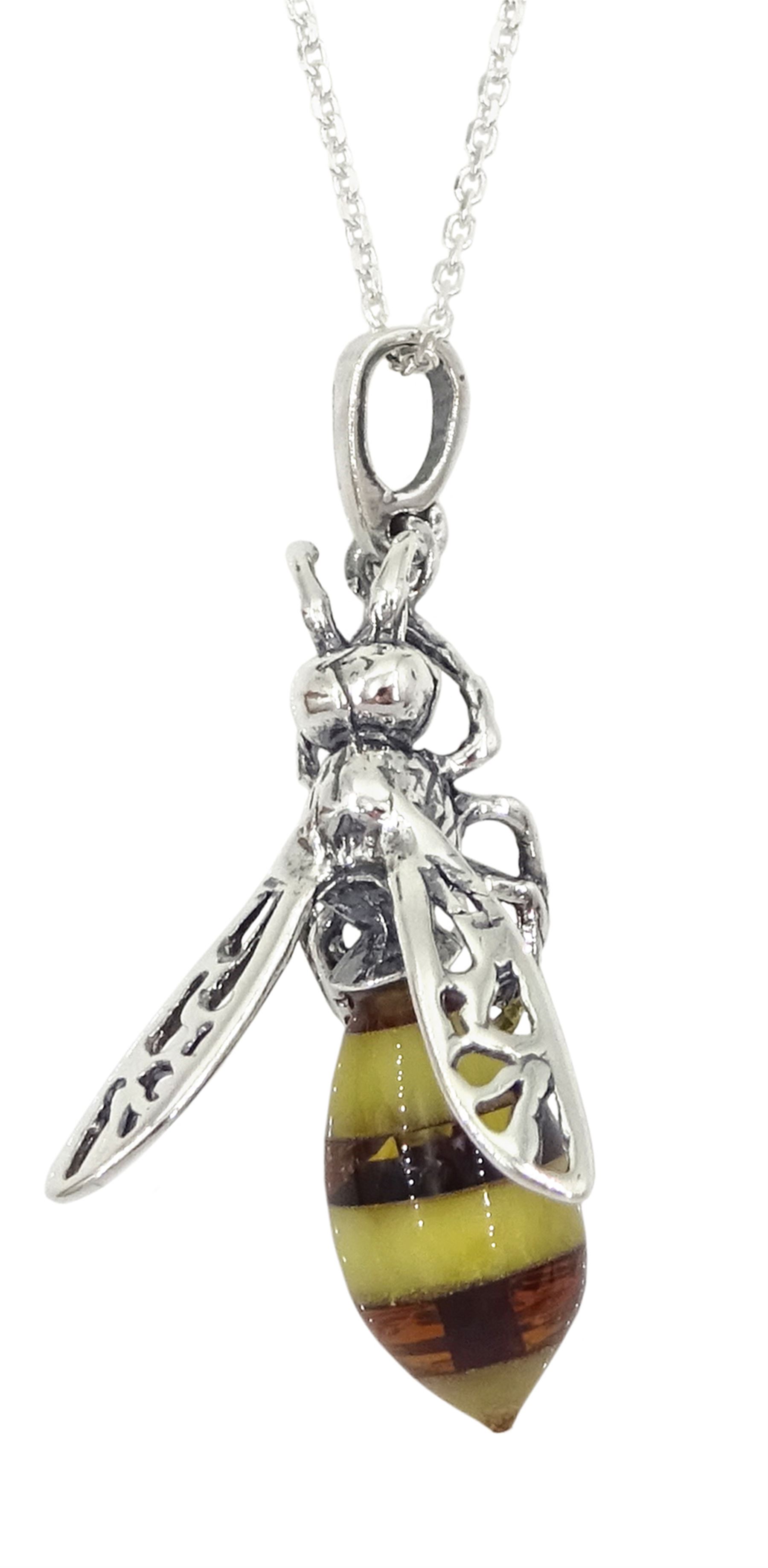 Silver Baltic amber bumble bee pendant necklace, stamped 925