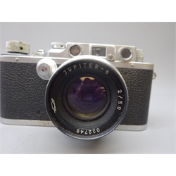  Leica 35mm film camera, Ernst Leitz Wetzlar D.R.P. No.335529, with Jupiter -8 2/50 lens No.022749, in leather Leica case  