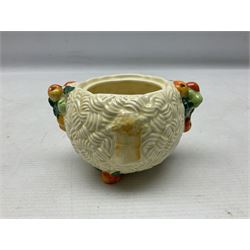 Clarice Cliff Celtic Harvest pattern sugar bowl, with original silver plate cover upon basket weave effect spherical body decorated with raised stylised fruit, H11cm