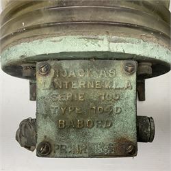 Two port and starboard brass lamps, each with a plaque marked 'Noack as Lanterne KL.A Serie 700 Type 704D Babord', ribbed green and red glass shades, H44cm