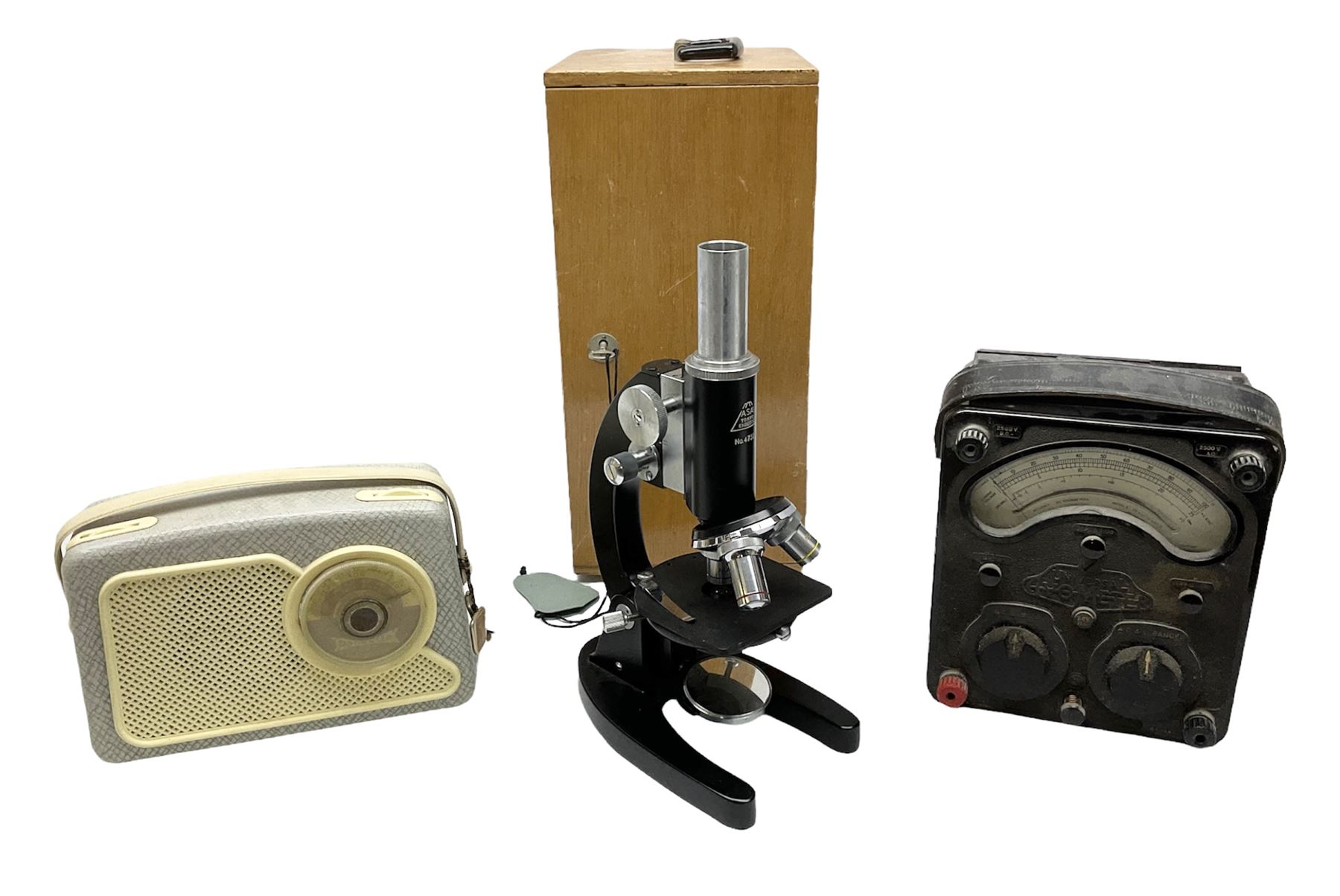 ASA Tokyo monocular microscope with black body, pitchfork base and wooden carrying box containing additional lenses No.47324 H29cm; Universal Avometer Model 8x Mk.III (Panclimatic); and Dansette 222 portable transistor radio (3)