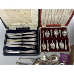 Group of silver to include cased set of six silver handled knives hallmarked Birmingham 1921 by Raeno Silver Plate Co, three hallmarked napkin rings etc together with silver plated and other metalware etc