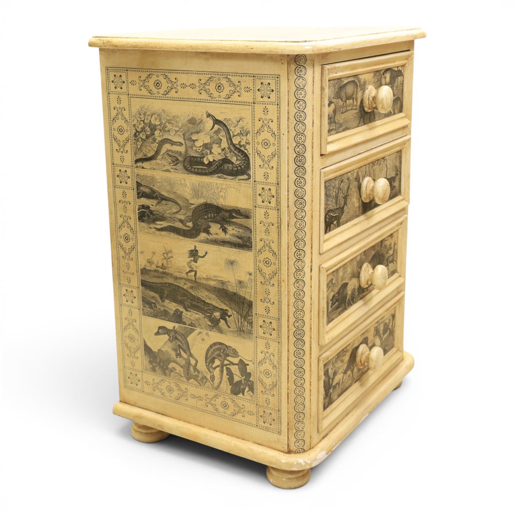 Traditional design cream painted lacquered pedestal chest, rounded moulded top over four short drawers, the drawer fronts decorated with monochrome printed animal scenes, conforming foliate and geometric borders to the top and sides, turned handles, on bun feet
