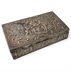 Late Victorian silver rectangular ring box embossed with classical figures, musicians, scrolls etc, and with plush lined divided interior L14.5cm Birmingham 1900 Maker Levi & Salaman