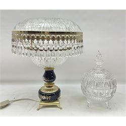 Large cut glass dish with cover together with a table lamp with cut glass shade, lamp H42cm