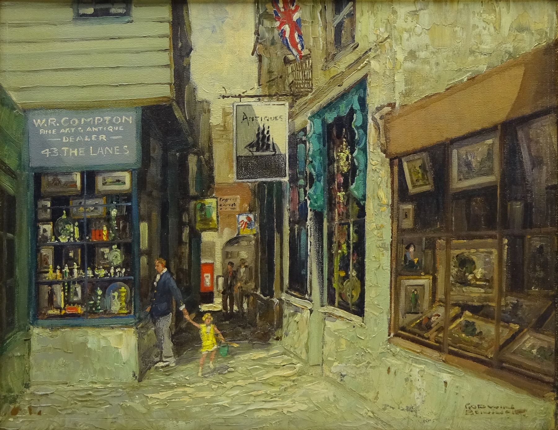 Godwin Bennett (British 1888-1960): Antique Shops - The Lanes Brighton, oil on canvas signed 36cm x 46cm