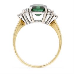 18ct gold green tourmaline and diamond ring, single octagonal cut tourmaline of approx 2.15 carat, with three round brilliant cut diamonds set either side, total diamond weight approx 0.30 carat