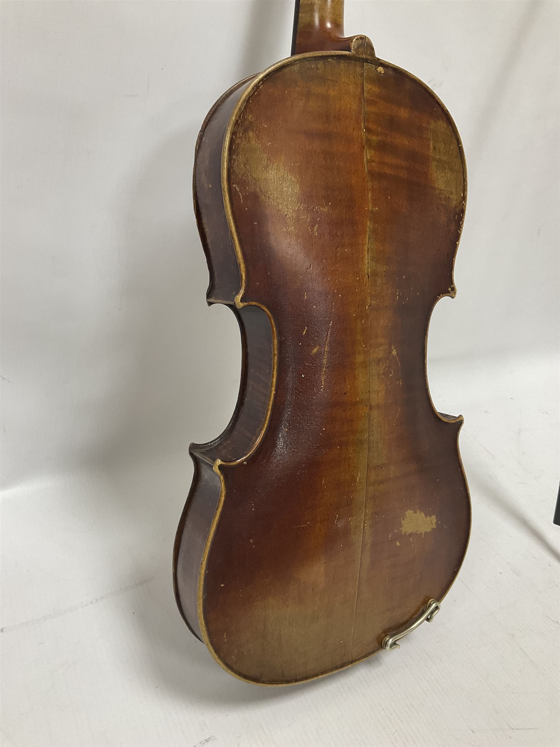 Full size violin and bow in a wooden constructed fitted case, back length 35cm, full length 60cm