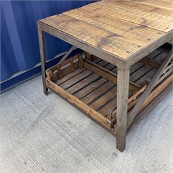 Large industrial style steel and wood plank display work table with lower storage trays - THIS LOT IS TO BE COLLECTED BY APPOINTMENT FROM DUGGLEBY STORAGE, GREAT HILL, EASTFIELD, SCARBOROUGH, YO11 3TX