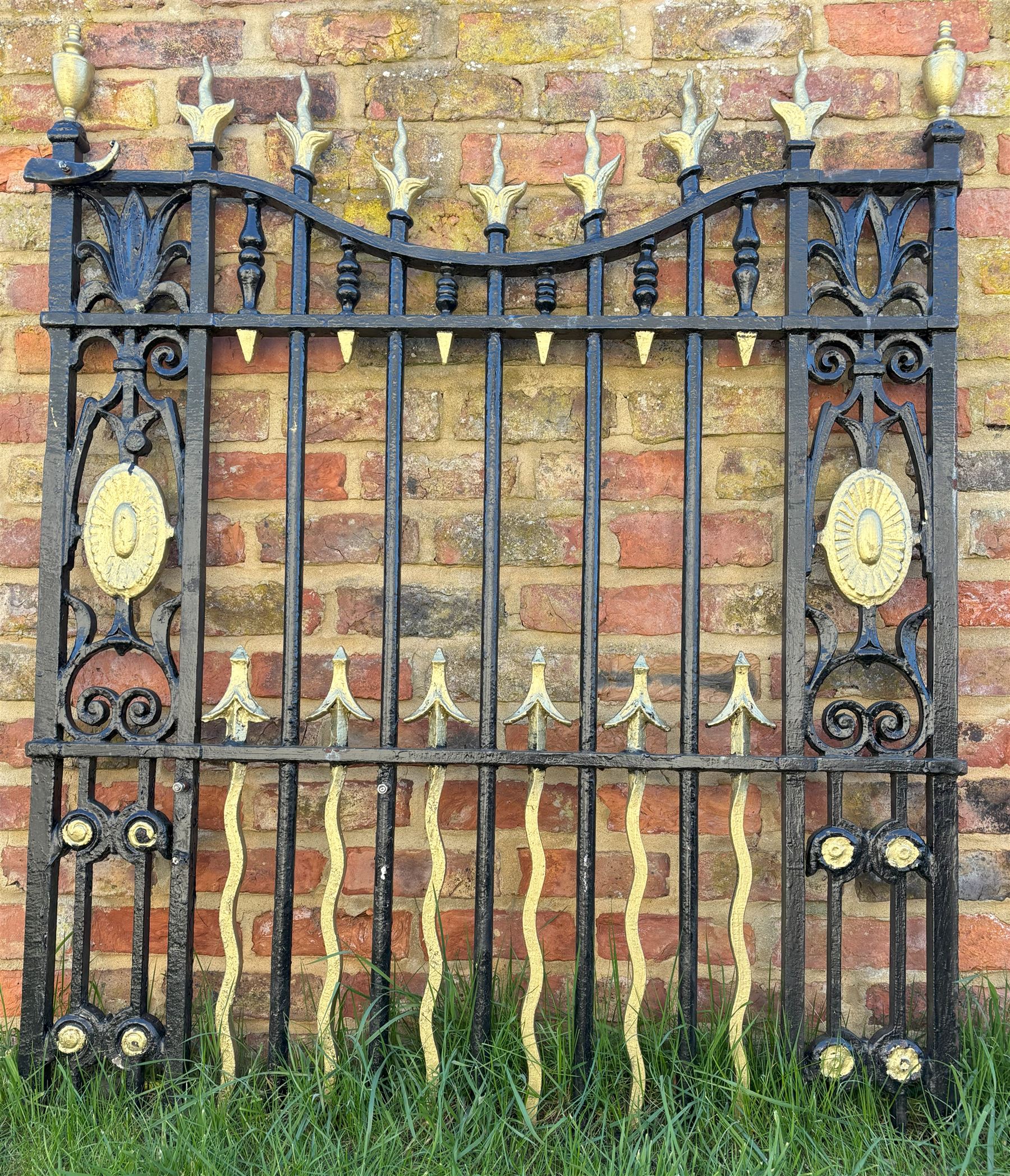 Wrought iron pedestrian gate of excellent quality, early 19th century, with urn and torch finials above floral motifs and twin paterae. H147cm, W122cm. - COLLECTION BY APPOINTMENT FROM: The White House, Thirsk Road, Easingwold, York, YO61 3NF - CALL 01723 507111 TO ARRANGE
