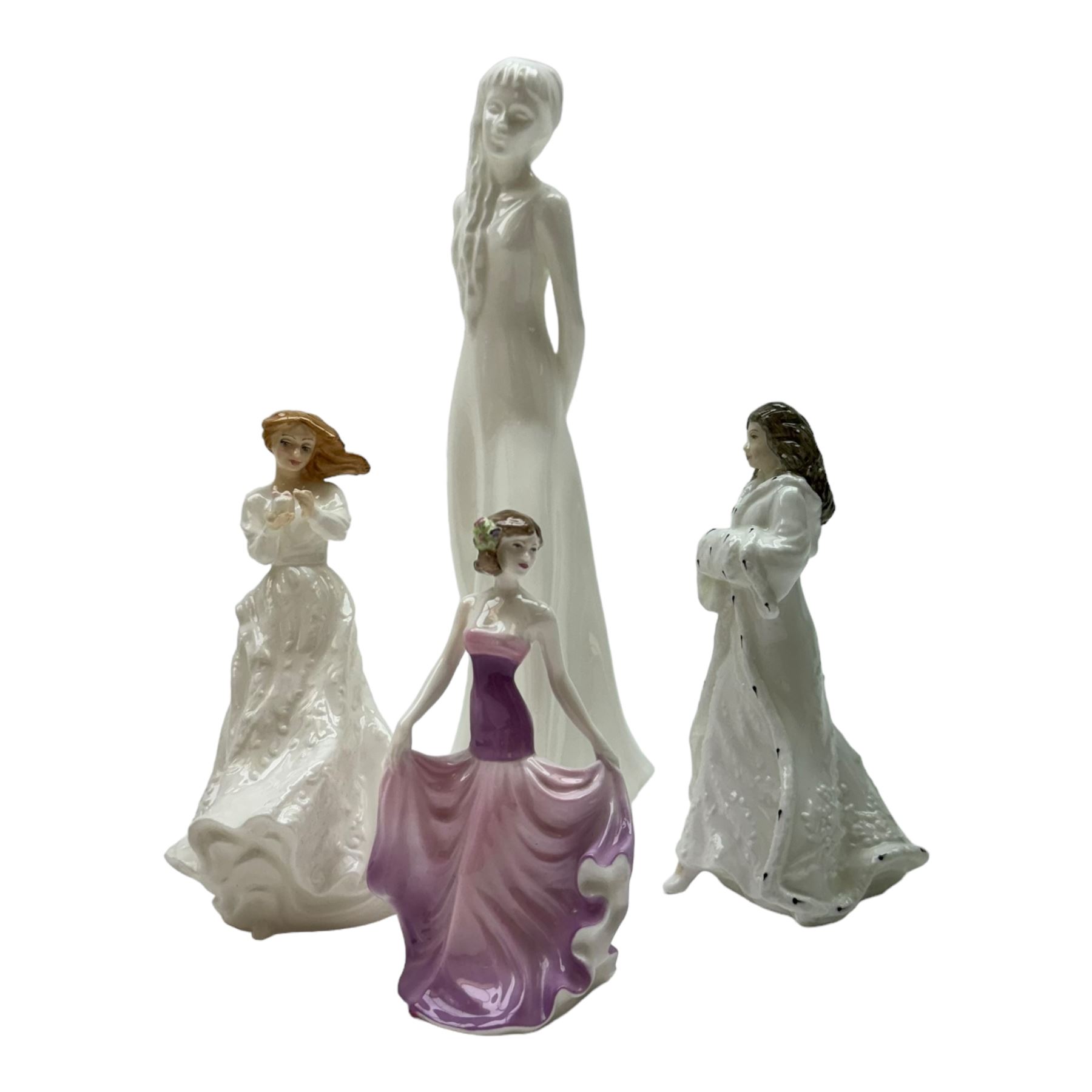 Six Royal Doulton figures, including Thank you HN3390, Heather HN2956, Christmas Day HN3488 etc together with Coalport and Duron figures