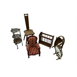 Victorian style miniature upholstered armchair, stained beech spinning chair, two swing mirrors, metal pan stand and a magazine rack (6)