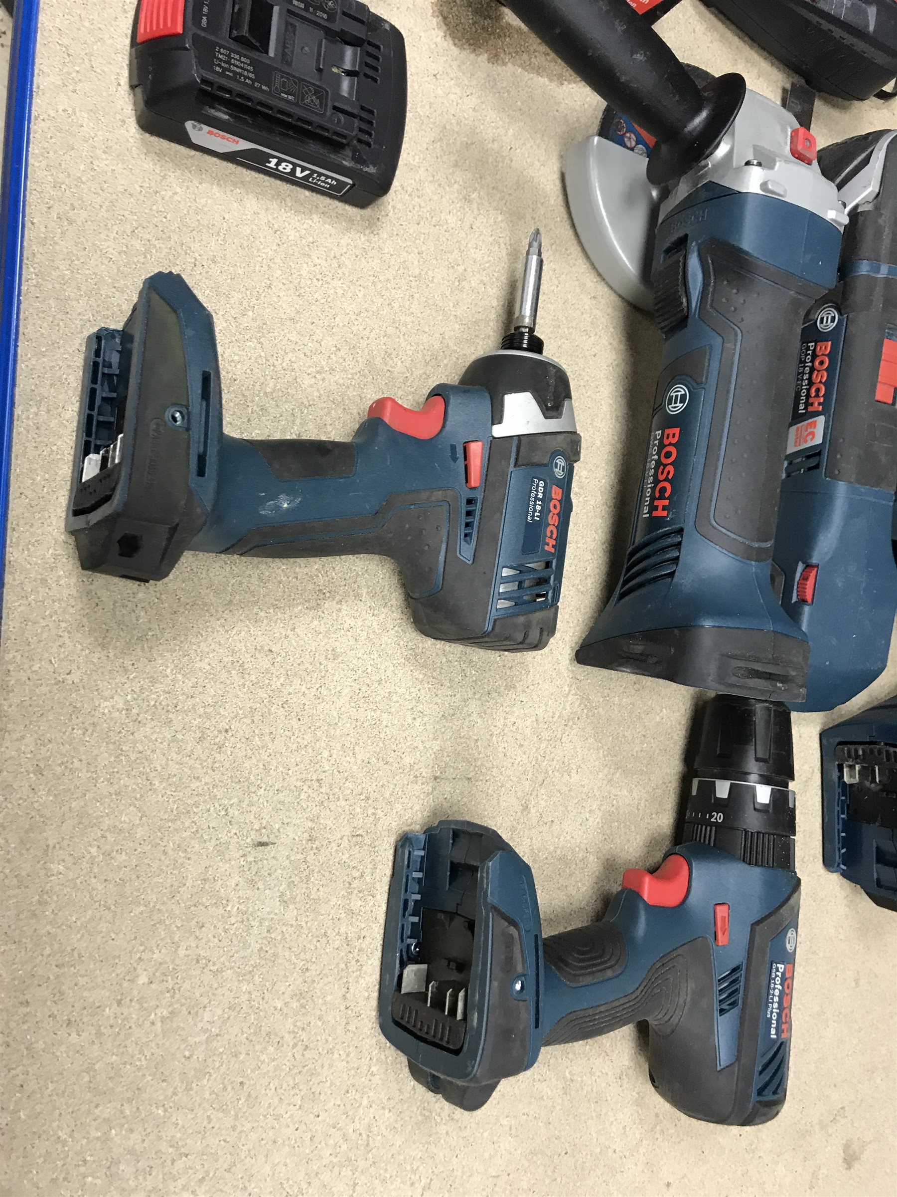 A quantity of Bosch Professional power tools including the GSB 182LI