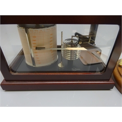  Modern Barigo Germany table top barograph in mahogany stained case with chrome fittings W27cm with quantity of spare charts, together with Barigo ship's style wall clock in brass and mahogany (2)  