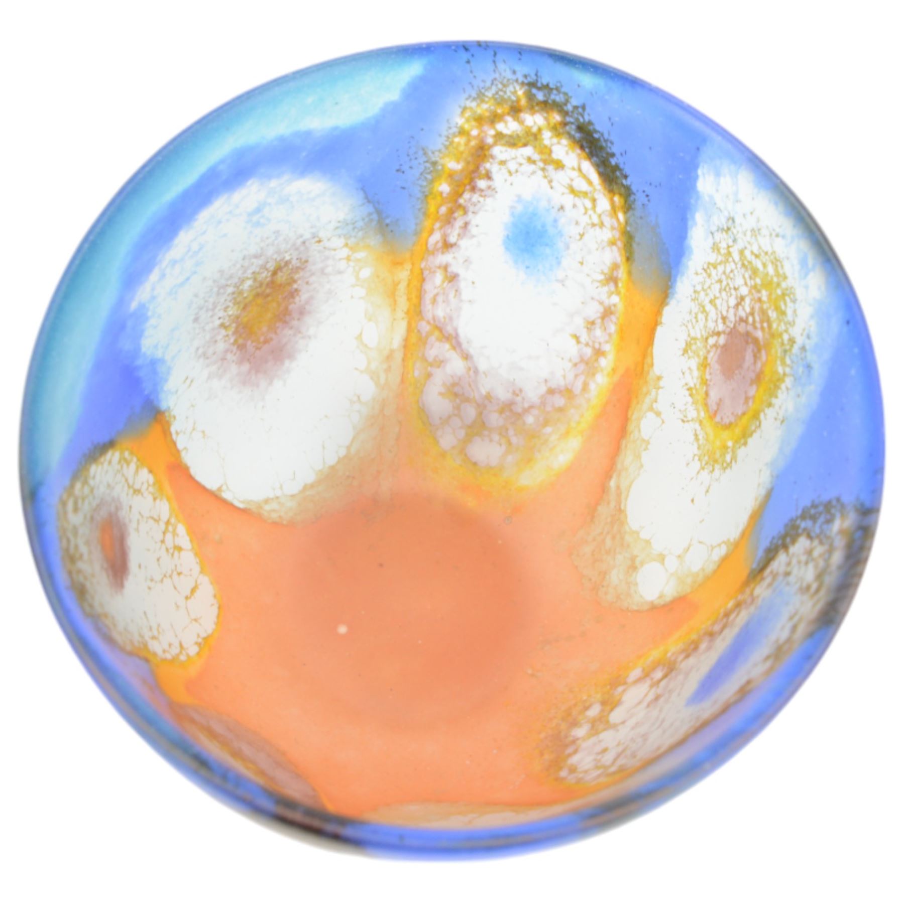 Pauline Solven, studio glass bowl decorated with abstract circular pattern upon blue and orange grounds, H11cm, D15cm 