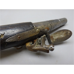  19th century flintlock Pocket pistol, stamped W.Turvey London, reduced 7cm turn-off circular steel barrel, bulbous shaped walnut grip, L22cm   