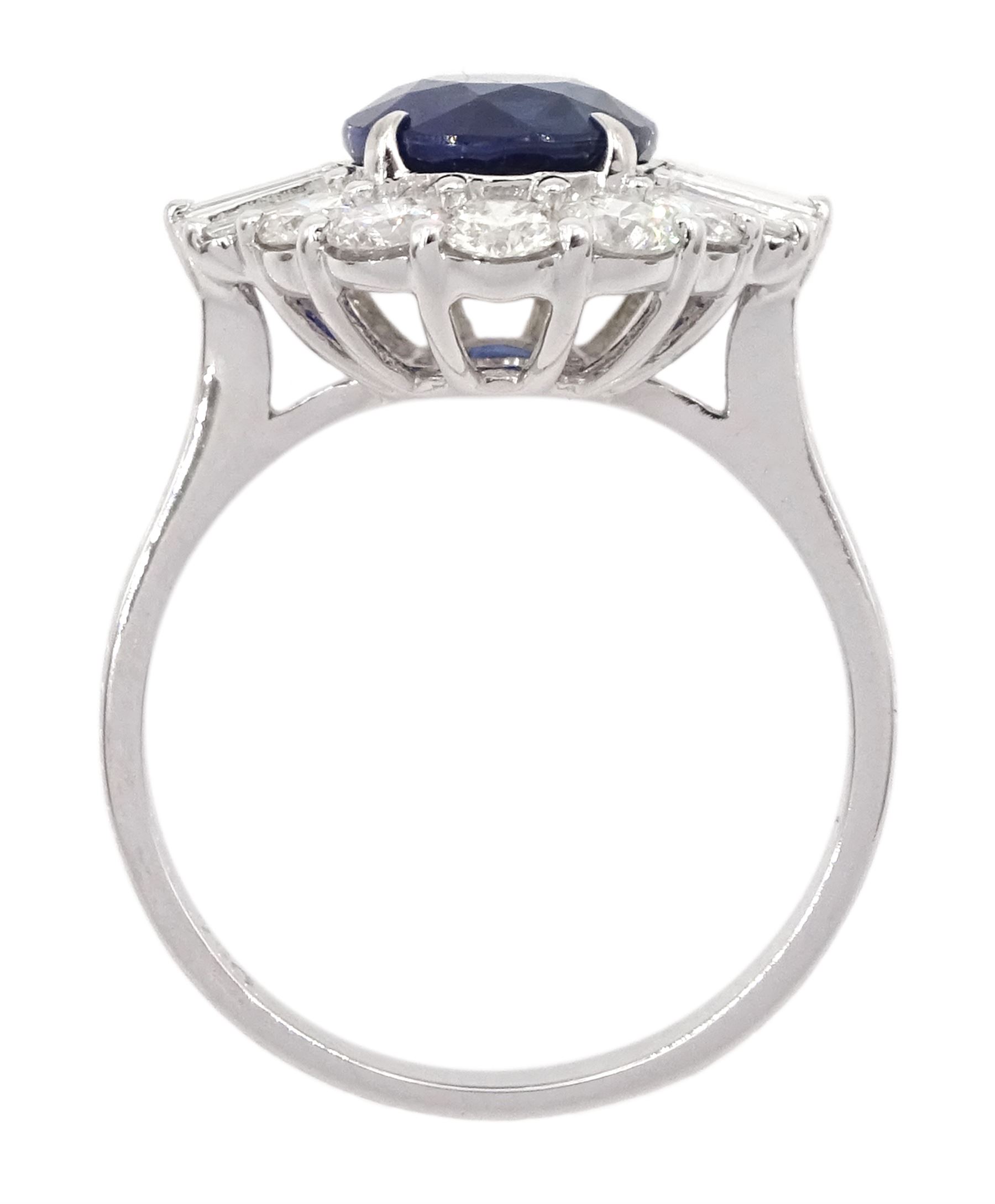 18ct white old oval sapphire, round brilliant cut and baguette cut diamond cluster ring, stamped 750, sapphire 2.93 carat, total diamond weight 1.07 carat, with World Gemological Institute Report