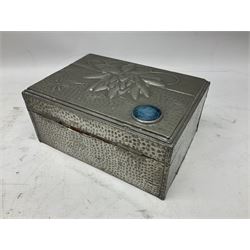  Arts & Crafts style pewter box, embossed with dragonflies and foliage, the lid with applied cabochon, H9cm