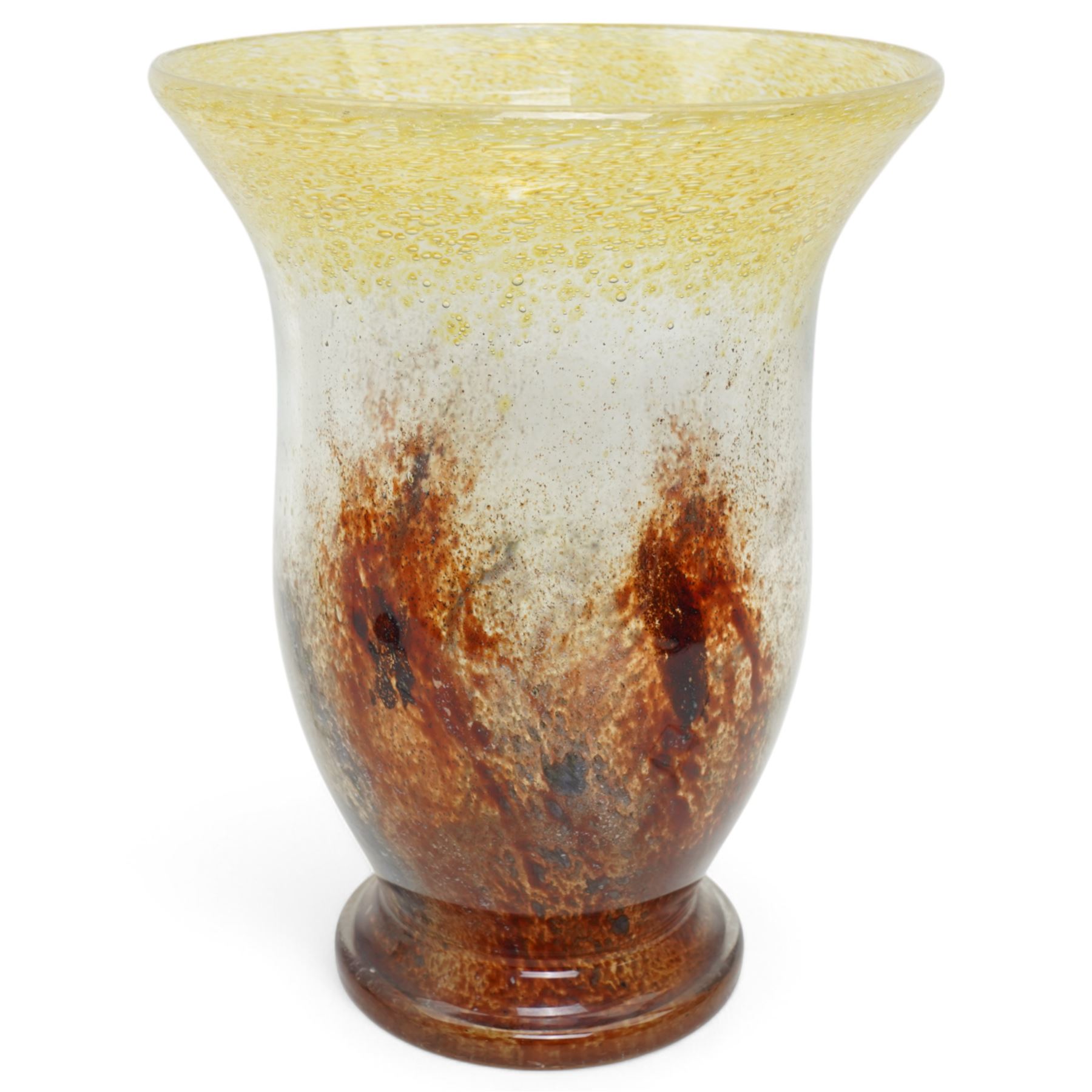 Large 1930s WMF Ikora glass vase designed by Karl Weidmann, of tulip form in shades of brown and yellow, unmarked, H29.5cm 