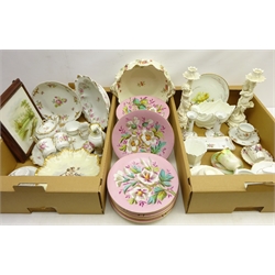  Limoges cabinet tea set on tray, Meissen hand painted jug, pair Victorian cherub candlesticks, hand painted dish, 19th/ early 20th hand painted part dessert service, hand painted ceramic kettle stand on bun feet, 19th century and later ceramics in two boxes  