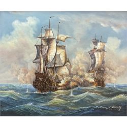J Harvey (20th century): Naval Battle, oil on canvas signed 49cm x 59cm