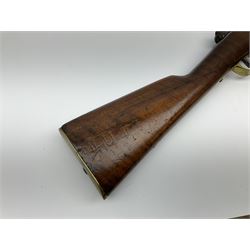 French Model 1866 Chassepot 11mm bolt-action needle fire rifle, the 70.5cm barrel stamped with various proof marks, the action inscribed 'Manufacture D'Armes St. Etienne Mle 1866-74', walnut full stock with brass mounts, stock stamped 8798, under barrel ramrod and two sling swivels L117cm
