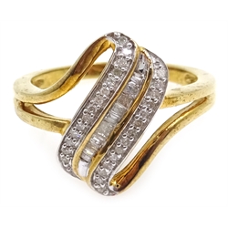  Baguette and round diamond set silver-gilt ring, stamped 925  