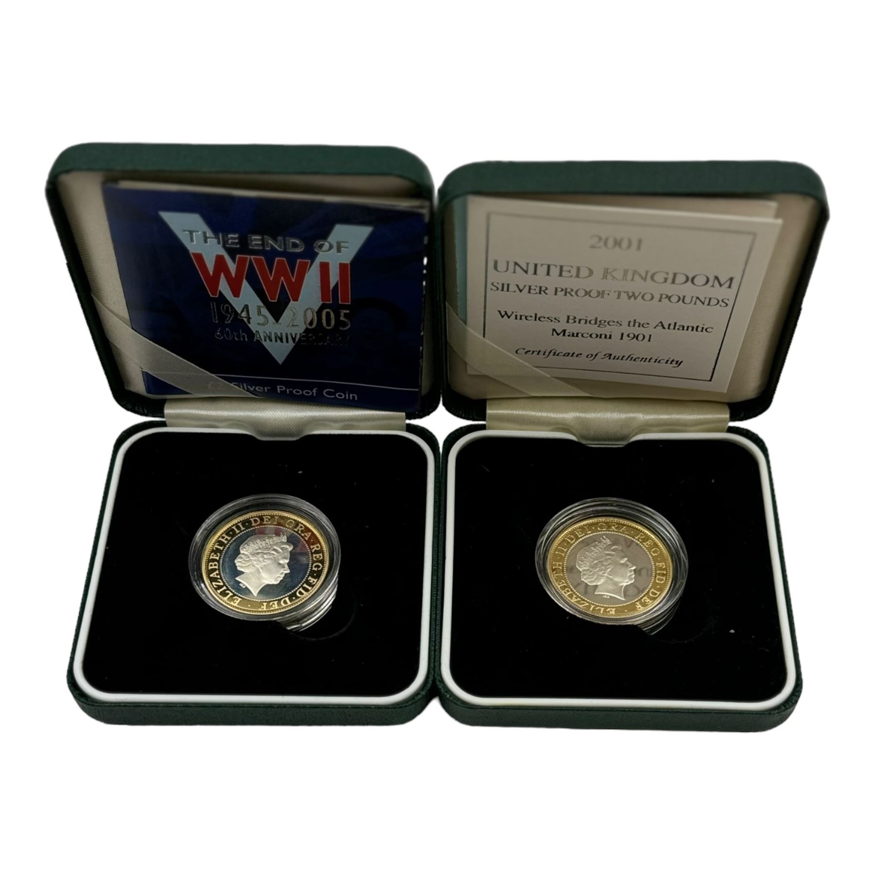 Four The Royal Mint United Kingdom silver proof two pound coins, comprising 2001 'Wireless Bridges the Atlantic Marconi 1901', 2004 '200th Anniversary of the Steam Locomotive', 2005 '400th Anniversary of the Gunpowder Plot' and 2005 'The End of WWII 60th Anniversary, all cased with certificates