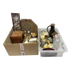 Three glass decanters with stoppers, ceramic honey pots, , carved woof plaques, other wood and metalware etc in two boxes