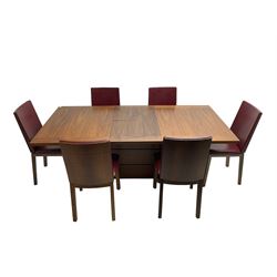 Skovby - Danish mid-20th century design teak extending dining table, rectangular top on pedestal base (W146cm D99cm H92cm); Skovby - set six Danish stained beech dining chairs, back and seat upholstered in oxblood faux leather (W47cm H90cm)