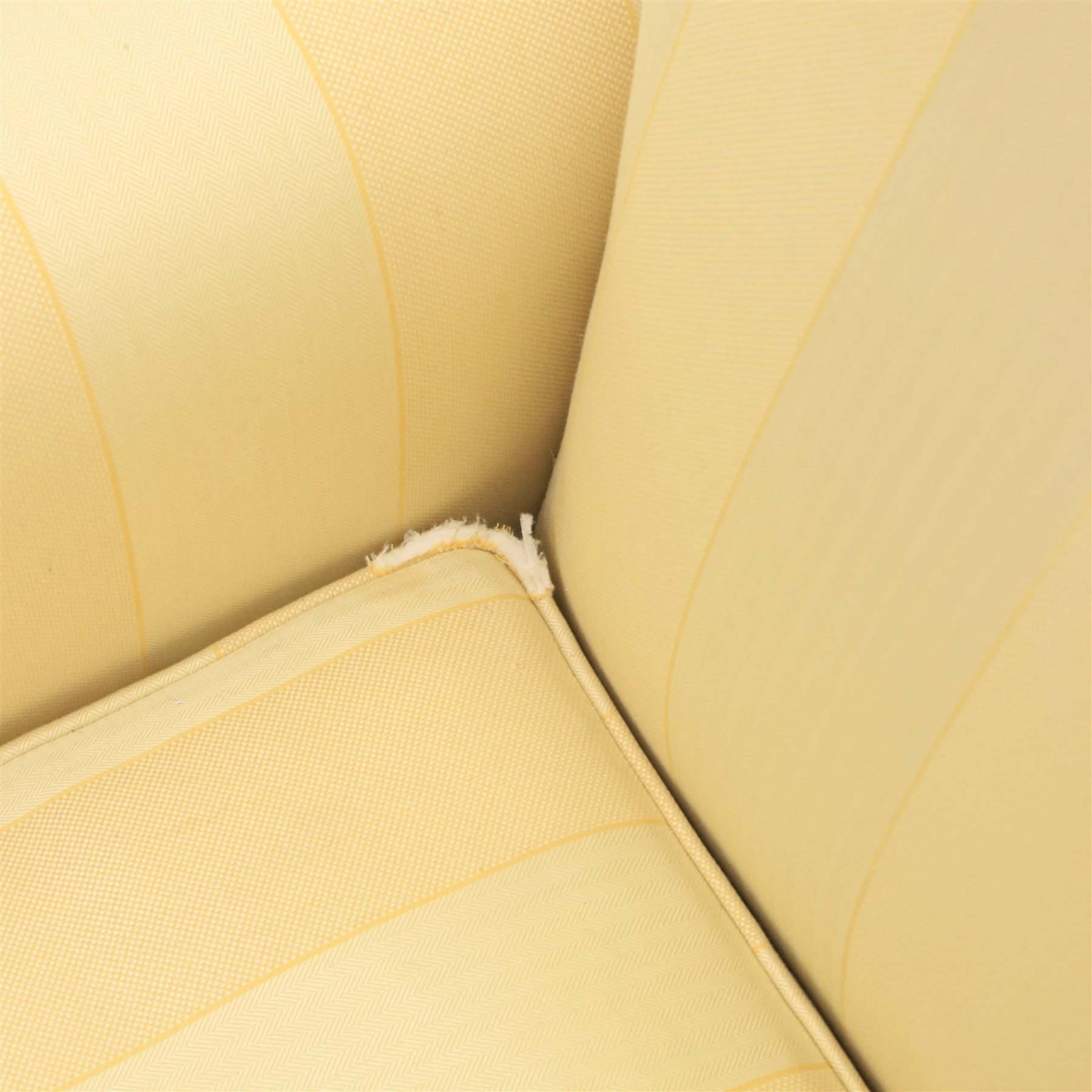 Wesley-Barrell - Georgian design traditional shaped armchair with rolled arms, sprung back and loose seat cushion upholstered in beige striped fabric with gold piping, raised on cabriole supports with ball and claw feet