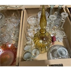 Assorted glassware, to include cut and moulded examples, including candlesticks, dishes, drinking glasses, Carnival glass bowls, light shade, etc., in two boxes 