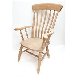 Farmhouse style beech slat back armchair, turned supports 