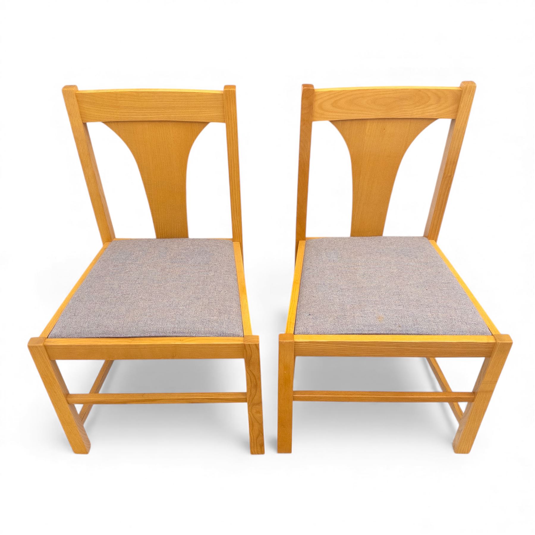 Habitat - contemporary light oak dining table, rectangular veneered top, with mitred border veneer over square section legs, with six beech upholstered chairs in grey fabric, open back with central splat, raised on square section legs, W52xD44xH88cm