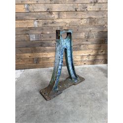 Pair of late 19th century heavy cast iron garden industrial trestles, painted in distressed blue paint