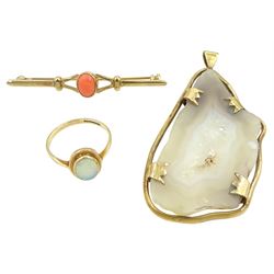 Gold single stone opal ring, gold coral bar brooch and gold quartz pendant, hallmarked or tested 9ct and boxed 