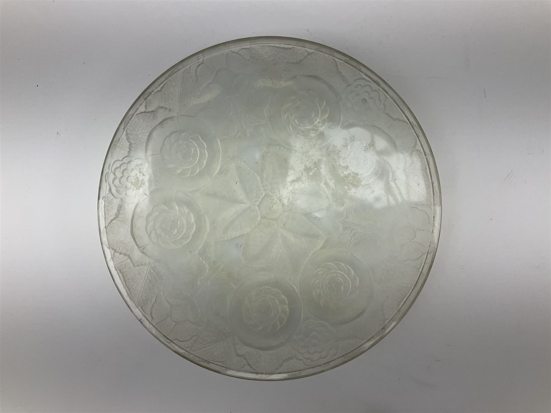 Early 20th century French opalescent shallow glass dish, with moulded floral decoration, D31.5cm