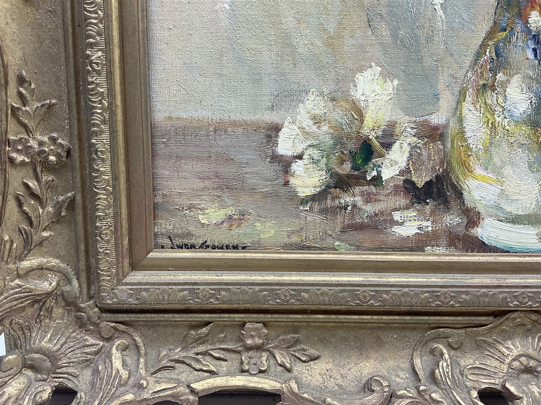 Owen Bowen (Staithes Group 1873-1967): Still Life of a Spring Bouquet, oil on canvas signed, part Royal Institute of Oil Painters label and James Bourlet label verso, 47.5cm x 37.5cm 