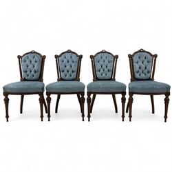 Four 19th-century walnut carved cushion-back dining chairs, button velvet upholstered shie...