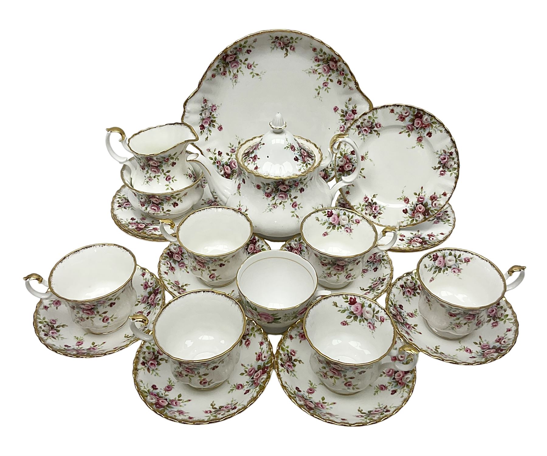 Royal Albert Cottage Garden pattern tea service for six people, comprising teapot, milk jug, sugar bowl, teacups and saucers, side plates and cake plate, all with printed mark beneath