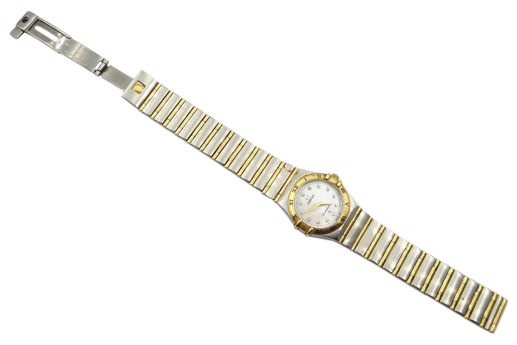 Omega constellation ladies gold and stainless steel quartz bracelet wristwatch, serial No. 57840568, mother of pearl and diamond dot dial boxed