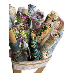 Haberdashery Shop Stock: Haberdashery Shop Stock: Various rolls of chintz and patterned rolls of fabric including a towelled chintz fabric and others, mostly synthetic (qty) in two boxes