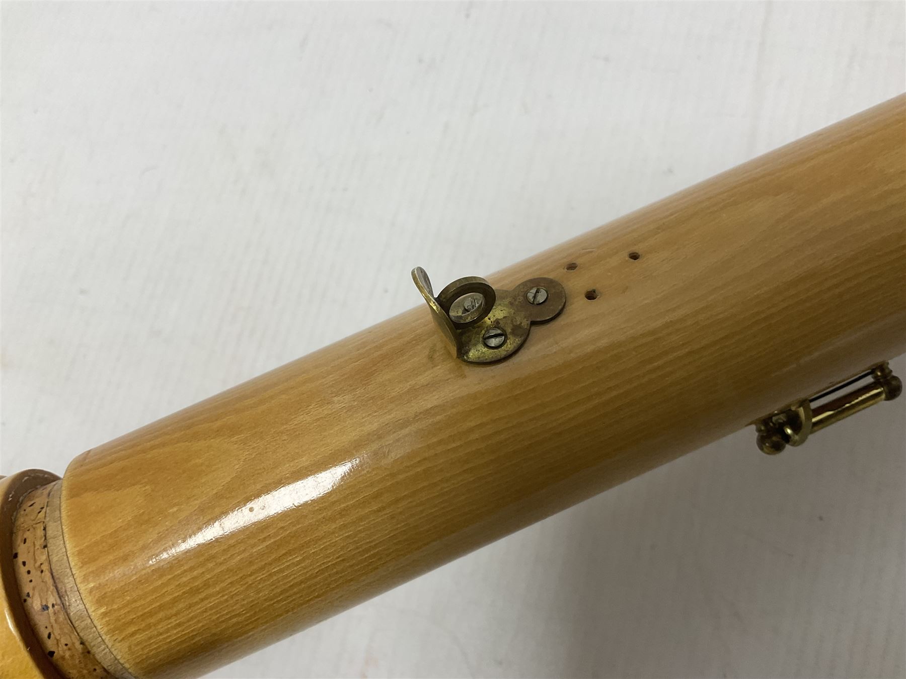 Wooden bass recorder, possibly by Roessler but unmarked, in fitted and lined case 