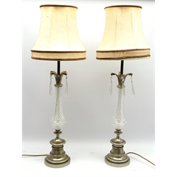 Pair of brushed brass and glass column table lamps with prism drops on circular stepped base, H67cm (excluding shade)