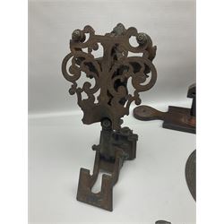 Two 19th century copper tankards, one with weighted wooden base, together with copper and wooden mechanical bellows, sundial and other metalware 