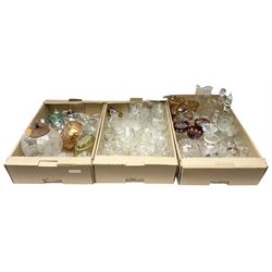 Quantity of glassware to include jar with cur fan and buzz patterns and star cut base, possibly American, with turned wood lid, 19th century drinking glasses, scent bottles, jelly moulds, etched drinking glasses, celery vase etc in three boxes