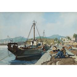 Don Micklethwaite (British 1936-): 'Net Mending Palma Majorca', acrylic on board signed, titled verso 34cm x 49cm 
Provenance: exh. The Fylingdales Group of Artists, Pannett Gallery Whitby 2019