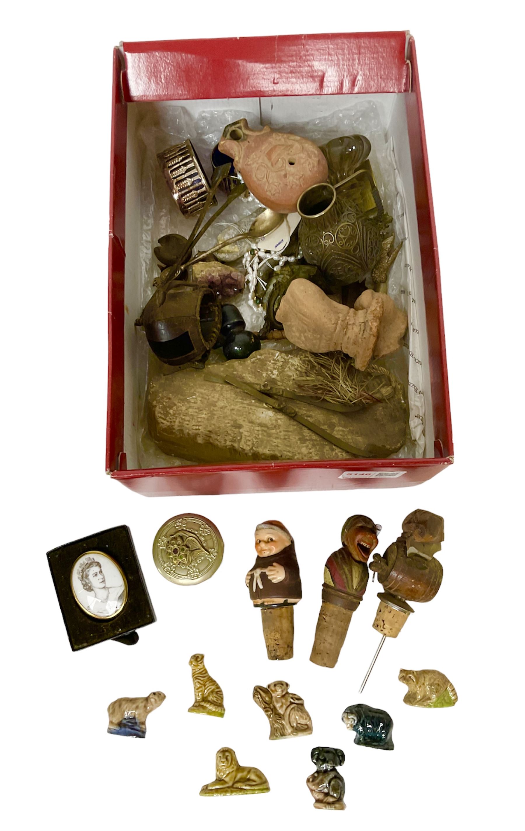 Seven Wade Whimsies, leather falcon hood, three novelty bottle corks, pair of EPNS open salts and other collectables