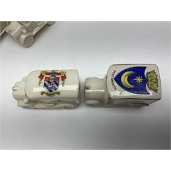 Ten WW1 crested china military models comprising seven field ambulances and three 'Home Fires Burning' fire-surrounds/range; various makers including Willow Art, Arcadian China, Grafton China, Savoy China, Carlton China etc; various crests including Devon, Aldershot, Portsmouth, West Ham, Coventry, Oxford, Hastings, Brighton etc (10)