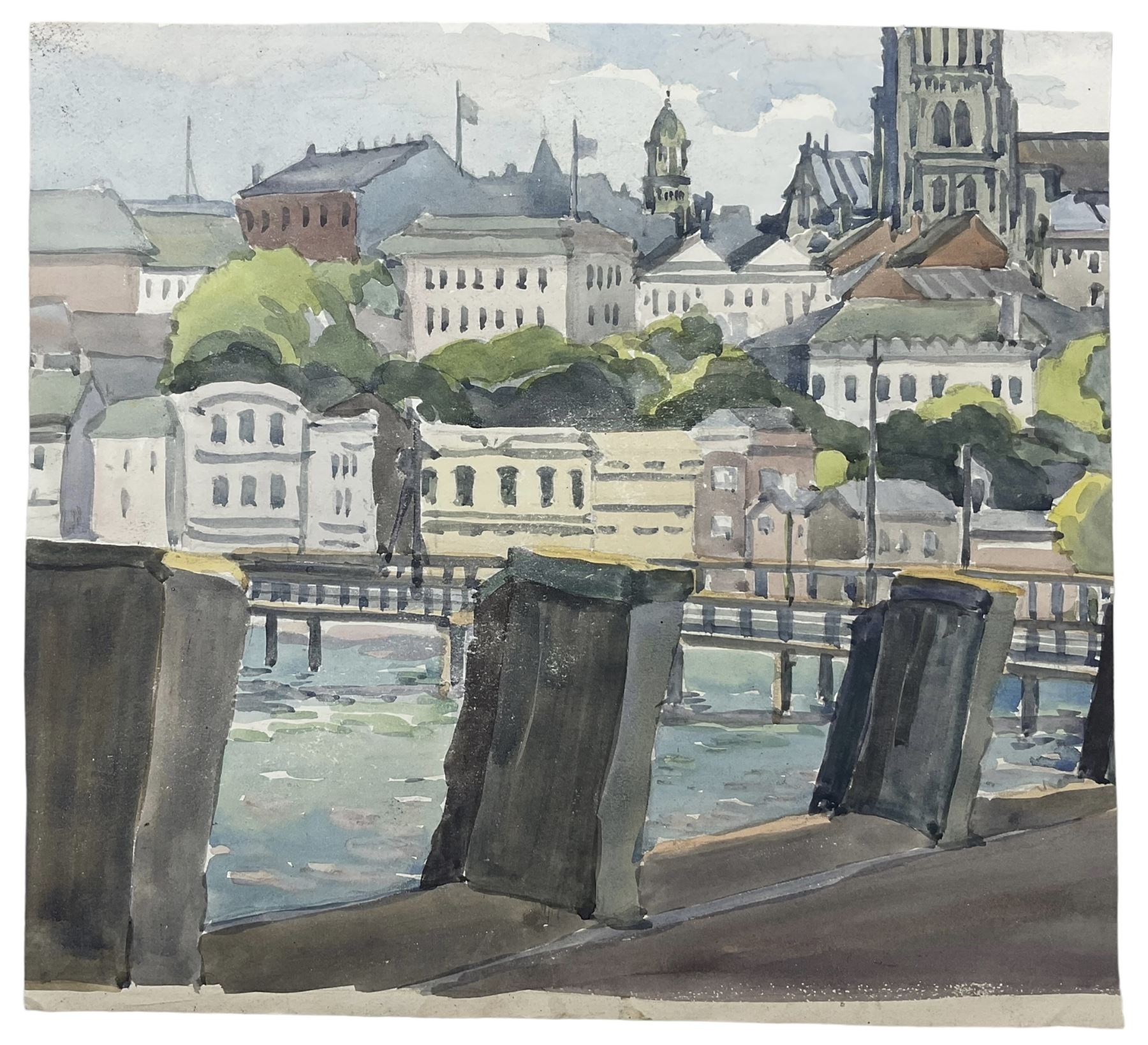 After Laurence Stephen Lowry RBA RA (Northern British 1887-1976): The Shipyard, watercolour bearing signature and dated 1959, with similar watercolour verso 28cm x 30cm (unframed)